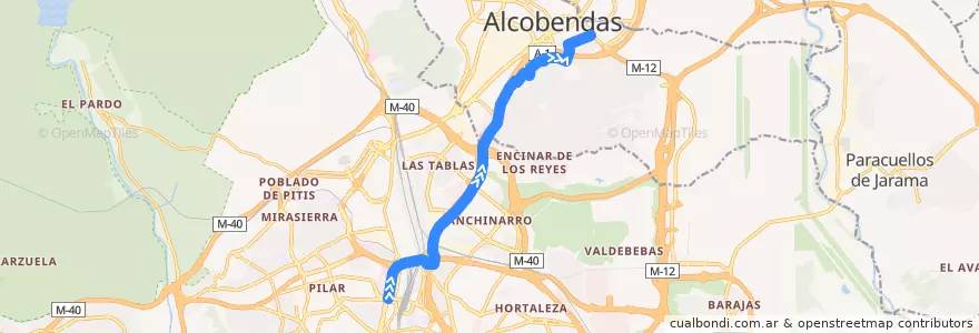 Mapa del recorrido Bus 159: Plaza Castilla → Alcobendas (Arroyo de la Vega) de la línea  en Área metropolitana de Madrid y Corredor del Henares.