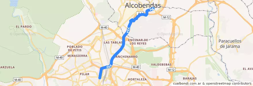 Mapa del recorrido Bus 159: Alcobendas (Arroyo de la Vega) → Plaza Castilla de la línea  en Área metropolitana de Madrid y Corredor del Henares.