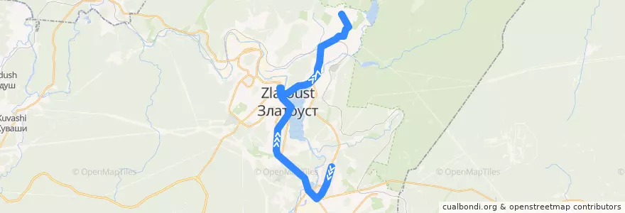 Mapa del recorrido Автобус №15: 5 мкр. - п. Пушкинский de la línea  en Златоустовский городской округ.