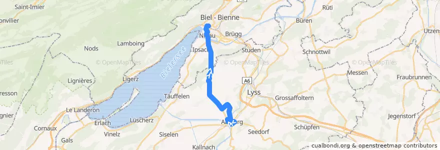 Mapa del recorrido Bus 86: Aarberg => Biel/Bienne de la línea  en Verwaltungsregion Seeland.
