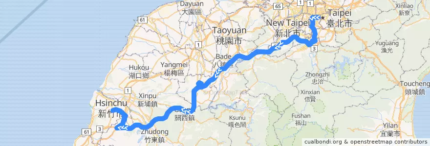 Mapa del recorrido 1728 台北-龍潭-新竹 (返程) de la línea  en Тайвань.