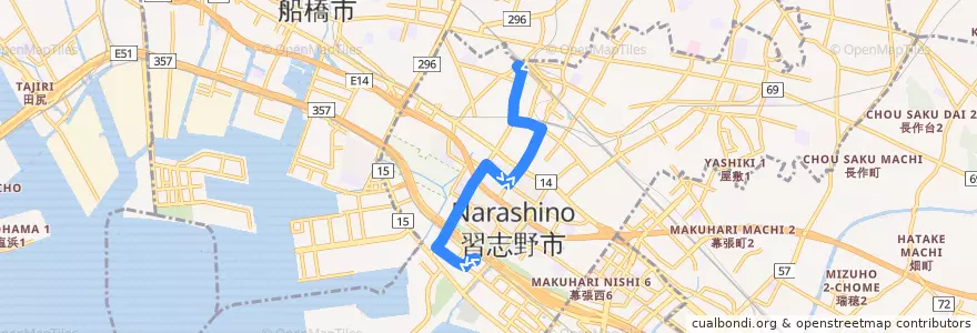 Mapa del recorrido バス: 津52: 新習志野駅 => 京成津田沼駅 => 津田沼駅 de la línea  en Narashino.