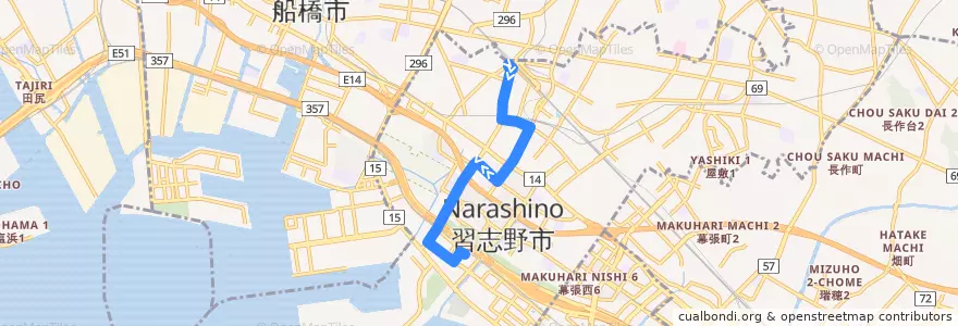 Mapa del recorrido バス: 津52: 津田沼駅 => 京成津田沼駅 => 新習志野駅 de la línea  en 習志野市.