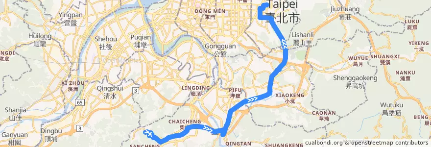 Mapa del recorrido 新北市 棕7 新店-捷運市政府(往程) de la línea  en Nuova Taipei.