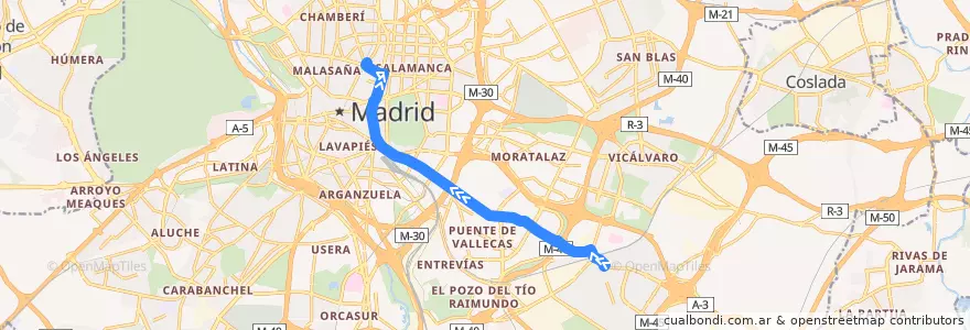 Mapa del recorrido Bus N25: Villa de Vallecas → Alonso Martínez de la línea  en Madrid.