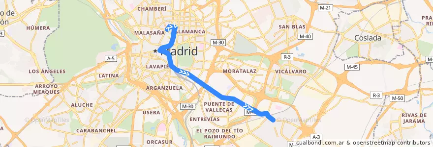 Mapa del recorrido Bus N25: Alonso Martínez → Villa de Vallecas de la línea  en مادرید.