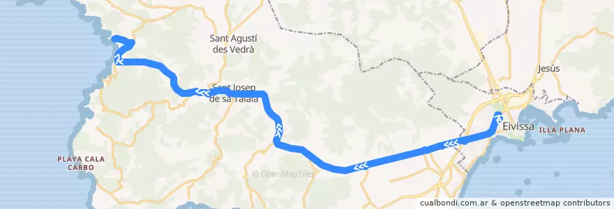 Mapa del recorrido Bus L38: Eivissa  → Sant Josep  → Cala Tarida de la línea  en Sant Josep de sa Talaia.