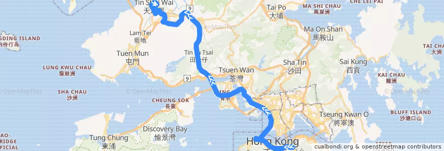 Mapa del recorrido 過海隧巴969線 Cross-harbour Bus 969 (銅鑼灣 Causeway Bay → 天水圍市中心 Tin Shui Wai Town Centre) de la línea  en Novos Territórios.