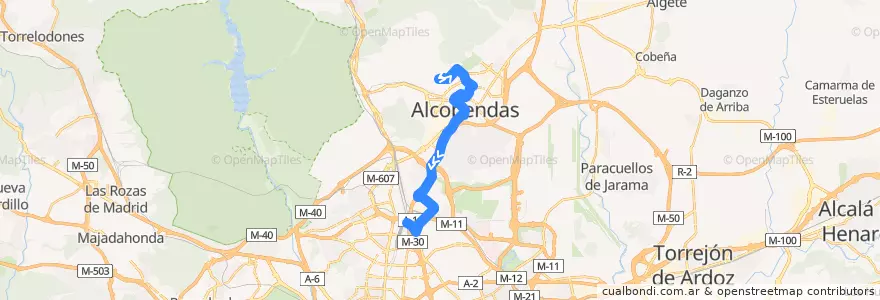Mapa del recorrido Bus 158: San Sebastián de los Reyes (Tempranales) → Pinar de Chamartín de la línea  en Área metropolitana de Madrid y Corredor del Henares.