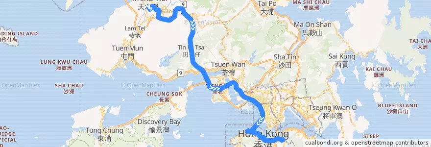 Mapa del recorrido 過海隧巴969線 Cross-harbour Bus 969 (樂湖居 Locwood Court → 銅鑼灣 Causeway Bay (經天耀 via Tin Yiu)) de la línea  en Nouveaux Territoires.