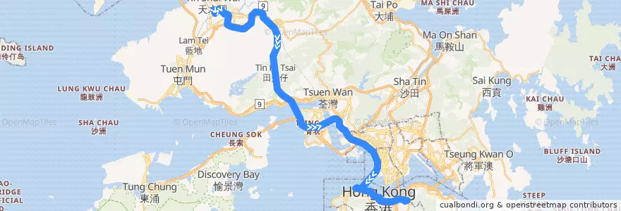 Mapa del recorrido 過海隧巴969線 Cross-harbour Bus 969 (天耀 Tin Yiu → 銅鑼灣 Causeway Bay) de la línea  en Nuevos Territorios.