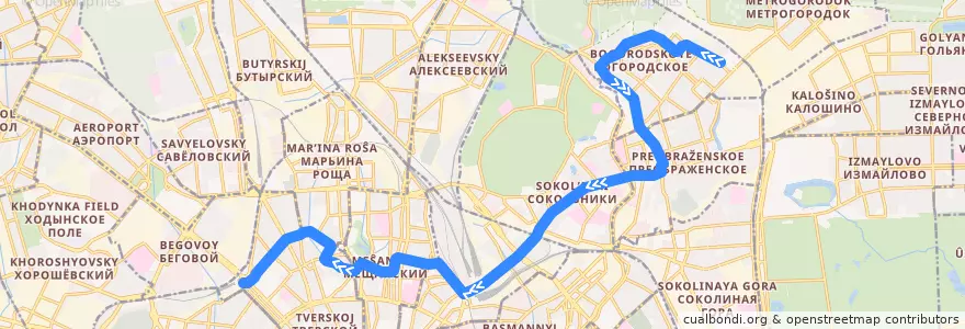 Mapa del recorrido Трамвай 7: Метро «Бульвар Рокоссовского» => Тверская Застава de la línea  en Moscow.
