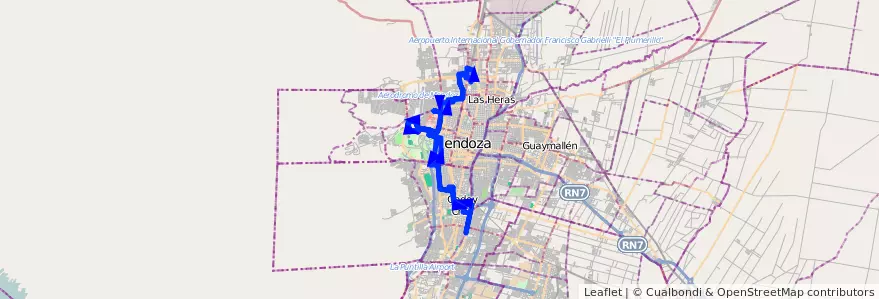 Mapa del recorrido 33 - Godoy Cruz - Las Heras por Paso de los Andes de la línea G03 en Мендоса.