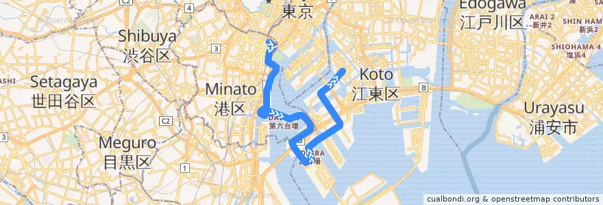 Mapa del recorrido ゆりかもめ (Yurikamome): to 豊洲 (Toyosu) de la línea  en 東京都.