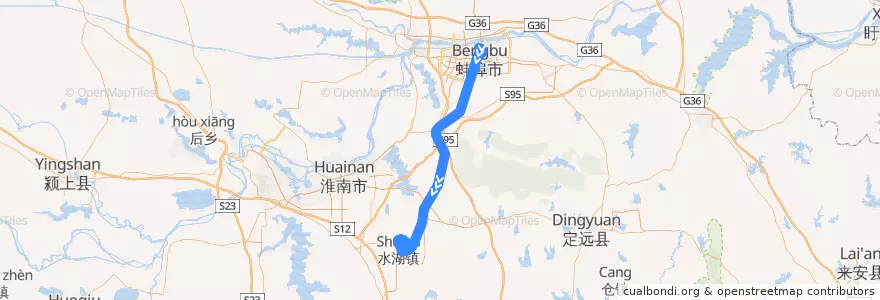 Mapa del recorrido 水蚌线 de la línea  en Anhui.