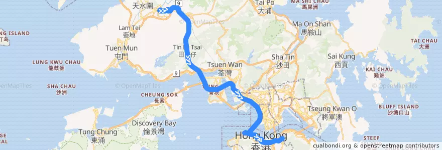 Mapa del recorrido Bus 968 (Yuen Long (West) → Causeway Bay (Tin Hau)) de la línea  en 新界.
