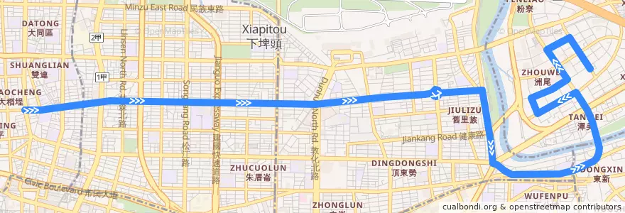 Mapa del recorrido 臺北市 民生幹線 麥帥新城-圓環(返程) de la línea  en Taipei.
