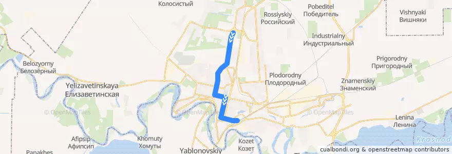 Mapa del recorrido Троллейбус №2: Мегацентр "Красная Площадь" - ж/д вокзал Краснодар-1 de la línea  en Krasnodar Municipality.