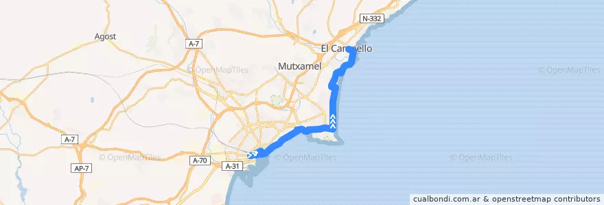 Mapa del recorrido 21: Alicante, Óscar Esplá ⇒ El Campello de la línea  en l'Alacantí.