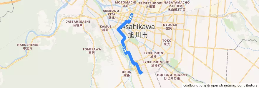 Mapa del recorrido [443]グリーンヒルズ市役所線（クリスタル橋経由） de la línea  en 旭川市.