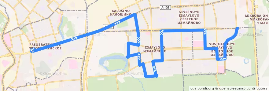 Mapa del recorrido Автобус 34: Метро «Преображенская площадь» => Площадь Соловецких Юнг de la línea  en Восточный административный округ.