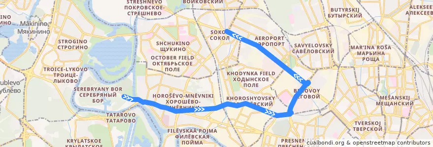Mapa del recorrido Автобус т86: Серебряный Бор => Метро «Сокол» de la línea  en Moskou.