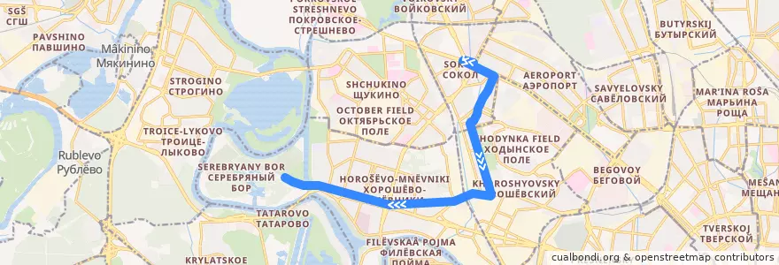 Mapa del recorrido Автобус т86: Метро «Сокол» => Серебряный Бор de la línea  en Москва.