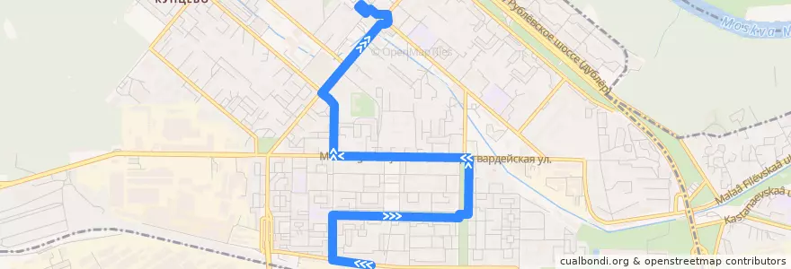 Mapa del recorrido Автобус 757: Платформа Рабочий посёлок - Метро "Молодёжная" de la línea  en район Кунцево.