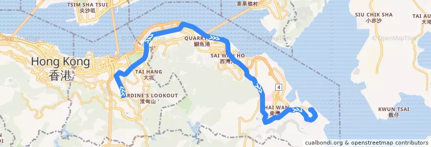 Mapa del recorrido 城巴8X線 Citybus 8X (小西灣（藍灣半島） Siu Sai Wan (Island Resort) → 跑馬地（下） Happy Valley (Lower)) de la línea  en جزیره هنگ کنگ.