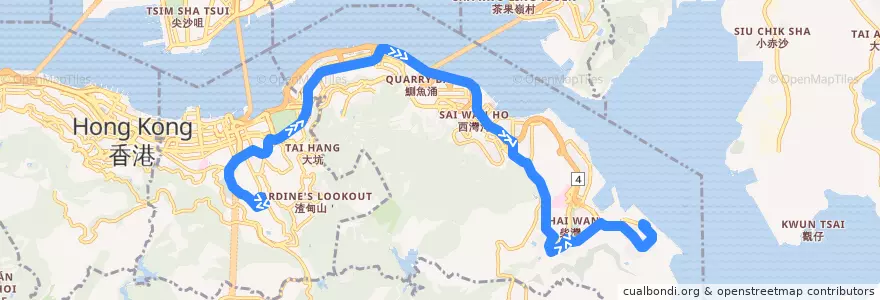 Mapa del recorrido 城巴8X線 Citybus 8X (跑馬地（下） Happy Valley (Lower) → 小西灣（藍灣半島） Siu Sai Wan (Island Resort)) de la línea  en 香港島.