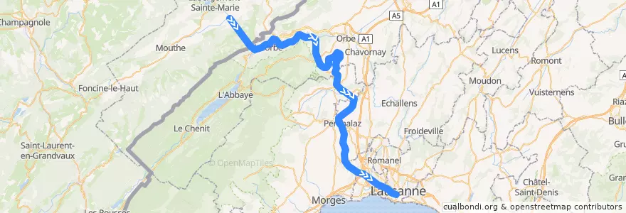 Mapa del recorrido TGV Lyria : Paris - Lausanne de la línea  en Vaud.