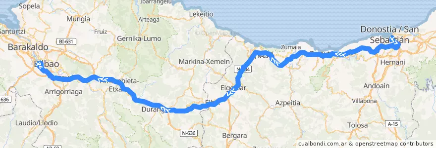 Mapa del recorrido Donostia - Bilbao de la línea  en Negara basque.