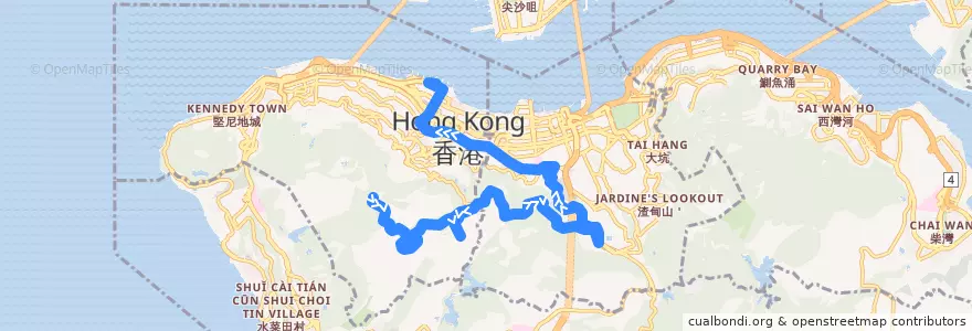 Mapa del recorrido Bus 15 (The Peak - Central Pier 5) de la línea  en Hong Kong.