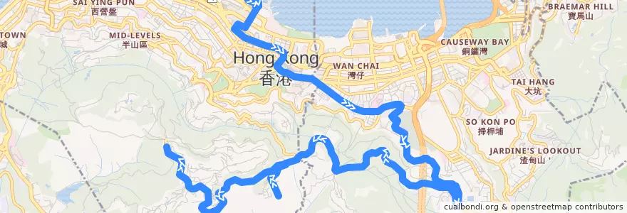 Mapa del recorrido Bus 15 (Central Pier 5 - The Peak) de la línea  en 홍콩섬.