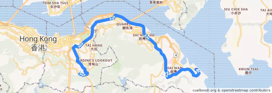 Mapa del recorrido 城巴19線 Citybus 19 (小西灣（藍灣半島） Siu Sai Wan (Island Resort) → 跑馬地（上） Happy Valley (Upper)) de la línea  en جزيرة هونغ كونغ.