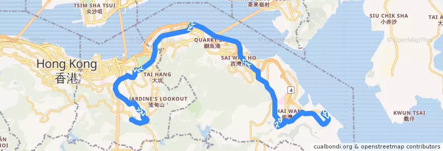 Mapa del recorrido 城巴19線 Citybus 19 (跑馬地（上） Happy Valley (Upper) → 小西灣（藍灣半島） Siu Sai Wan (Island Resort)) de la línea  en Hong Kong.