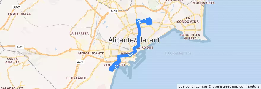 Mapa del recorrido 01: San Gabriel ⇒ Ciudad Elegida de la línea  en أليكانتي.