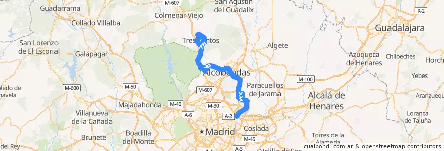 Mapa del recorrido Bus 827: Tres Cantos → Universidad Autónoma → Alcobendas → Madrid (Canillejas) de la línea  en Área metropolitana de Madrid y Corredor del Henares.