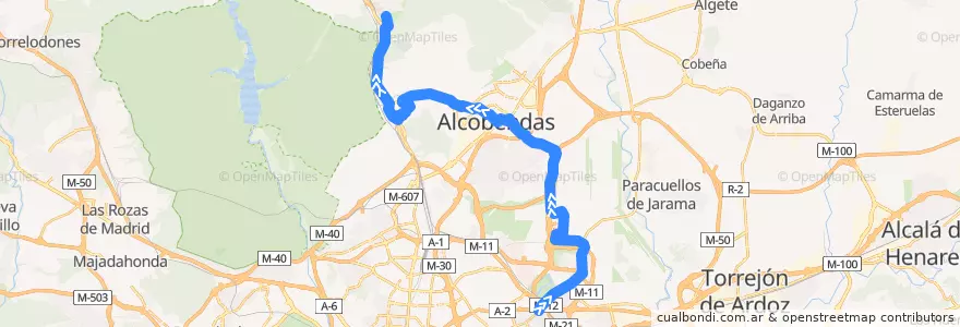 Mapa del recorrido Bus 827: Madrid (Canillejas) → Alcobendas → Universidad Autónoma → Tres Cantos de la línea  en Área metropolitana de Madrid y Corredor del Henares.