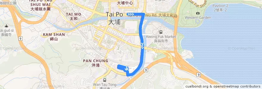 Mapa del recorrido 港鐵接駁巴士K14綫 MTR Feeder Bus K14 (大埔超級城 Tai Po Mega Mall → 大埔墟站 Tai Po Market Station) de la línea  en 大埔區 Tai Po District.