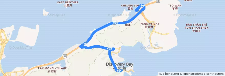 Mapa del recorrido DB03R - 愉景灣碼頭廣場 往 欣澳站 Discovery Bay Ferry Pier Plaza to Sunny Bay Station de la línea  en Nuovi Territori.