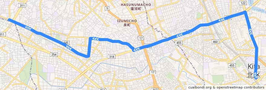 Mapa del recorrido 王54-2 de la línea  en 東京都.