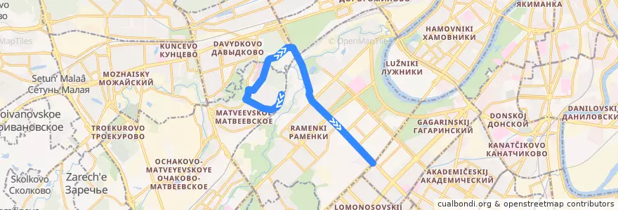 Mapa del recorrido Автобус 260: Матвеевское - метро "Университет" de la línea  en Западный административный округ.