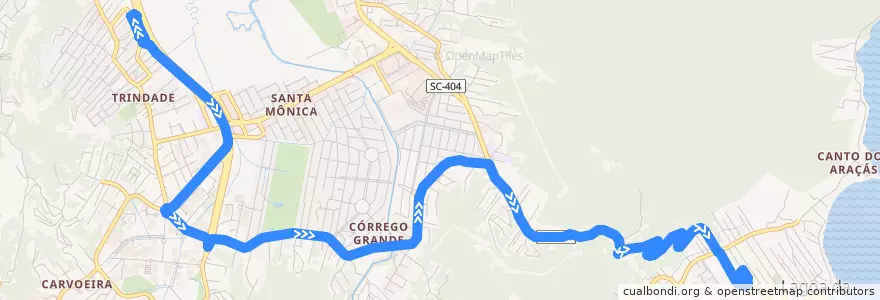 Mapa del recorrido Ônibus 845: Lagoa da Conceição via Córrego Grande, TITRI => TILAG, Volta de la línea  en Florianópolis.