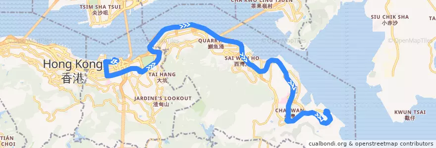 Mapa del recorrido 新巴8P線 NWFB 8P (小西灣（藍灣半島） Siu Sai Wan (Island Resort) → 灣仔北 Wan Chai North) de la línea  en Isla de Hong Kong.