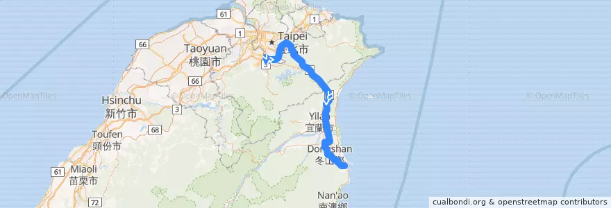 Mapa del recorrido 9028 捷運大坪林-羅東-蘇澳 (往程) de la línea  en Taiwán.