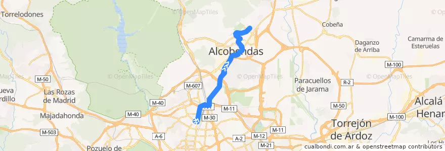 Mapa del recorrido Bus 154C: Plaza Castilla → Alcobendas → SS de los Reyes (Avenida Quiñones) de la línea  en Área metropolitana de Madrid y Corredor del Henares.