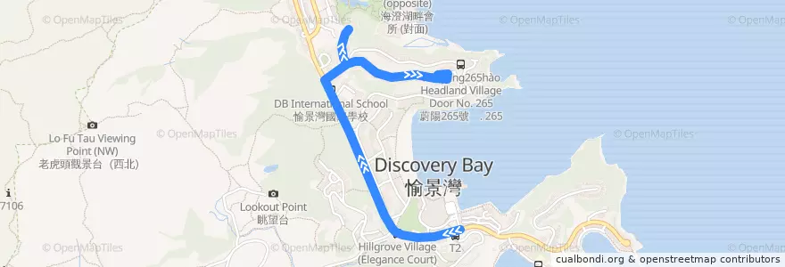 Mapa del recorrido 1 - 愉景灣碼頭廣場 - 明蔚徑／朝暉徑 (循環線) Discovery Bay Ferry Pier Plaza - Parkland Drive / Headland Drive (Circular Route) de la línea  en 離島區 Islands District.
