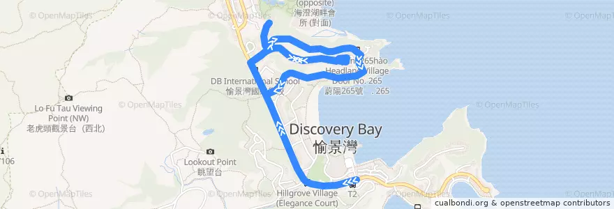 Mapa del recorrido 1* - 愉景灣碼頭廣場 - 明蔚徑／朝暉徑 (循環線)* Discovery Bay Ferry Pier Plaza - Parkland Drive / Headland Drive (Circular Route)* de la línea  en 離島區 Islands District.
