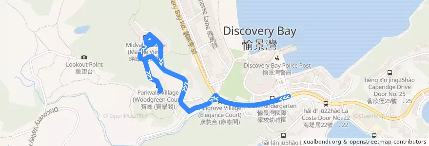 Mapa del recorrido 2,3 - 愉景灣碼頭廣場 - 畔峰 (循環線) Discovery Bay Ferry Pier Plaza - Midvale Village (Circular Route) de la línea  en 離島區 Islands District.